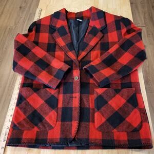 Red buffalo plaid wool felt Blazer blanket stitch Edge vintage pockets 23" p2p